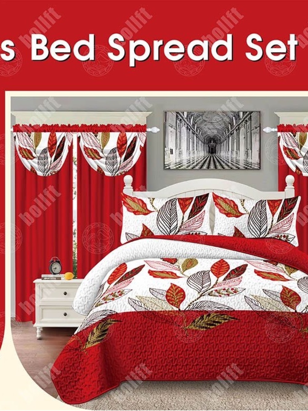Red Leaf-Print Bedspread Set by